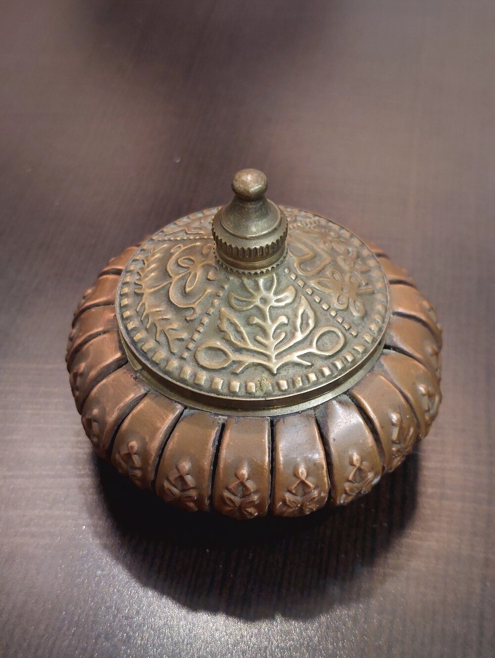 Decorative Brass & Copper Round Trinket Box - Ornate Floral Lid